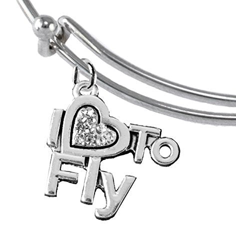 I Love to Fly, Hypoallergenic Genuine Crystal, Adjustable Miracle Wire Charm Bracelet, Nickel Free