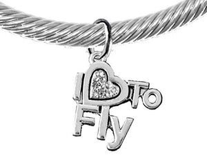 I Love to Fly, Adjustable, Hypoallergenic Genuine Cable Silvertone Charm Bracelet, Nickel Free