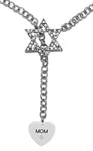 Jewish Mom with Crystal in Heart, on Star of David, Necklace, Safe - Nickel & Lead Free