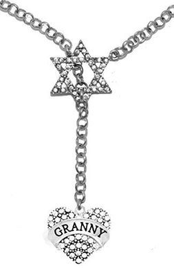 Jewish Granny Crystal Heart, on Star of David, Necklace, Safe - Nickel & Lead Free