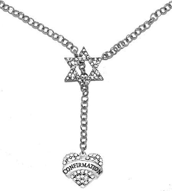 Jewish Confirmation Crystal Heart, on Star of David, Rolo Chain Necklace, Safe - Nickel & Lead Free
