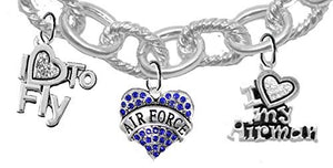 Air Force, Crystal I Love My Airman, "I Love to Fly", Air Force Charm, Heart Clasp Chain Bracelet