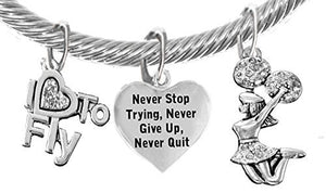 Cheer Never Give Up, Never Quit, "I Love to Fly", Jumping Cheerleader Genuine Cable Charm Bracelet