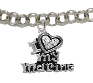 Marine I Love My Marine, Crystal Heart, Adjustable Bracelet, Hypoallergenic - Nickel & Lead Free