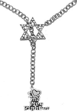 Jewish Firefighter, I Love My Firefighter Crystal Heart, A Crystal Star of David, Necklace Safe