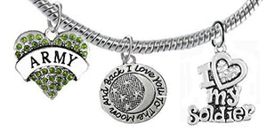 Army, "I Love You to The Moon & Back", Crystal "I Love My Soldier", Army Charm, Snake Chain Bracelet