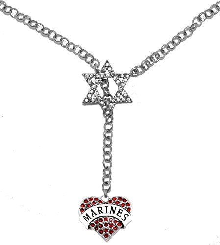 Jewish Marine Crystal Heart, on Star of David, Rolo Chain Necklace, Safe - Nickel & Lead Free