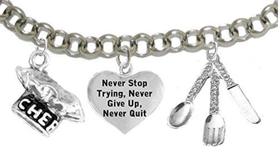 Cooking Jewelry, Never Give Up, Never Stop Trying, Chef Hat, Silverware, Adjustable Bracelet