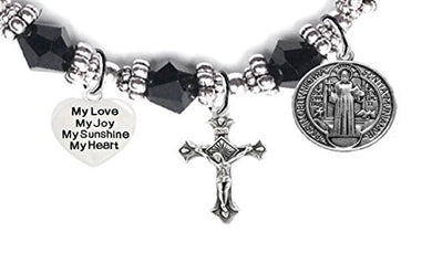 Saint Benedict Protective Charm, My Love, My Joy, My Sunshine, My Heart & Black Crystal Bracelet