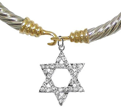 Jewish Crystal Star of David On a Cable Gold / Silver Cuff Bracelet, Safe - Nickel & Lead Free