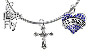 Air Force, "I Love to Fly", Genuine Crystal, Crucifix, Adjustable Miracle Wire Bracelet - Safe
