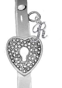 It Really Locks! The Key to My Heart, "Initial R", Cuff Crystal Bracelet - Safe, Nickel & Lead Free