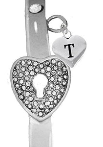 It Really Locks! The Key to My Heart, "Initial T", Cuff Crystal Bracelet - Safe, Nickel & Lead Free
