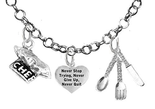 Cooking Jewelry, Never Give Up, Never Quit Trying, Chef Hat, Silverware, Adjustable Necklace