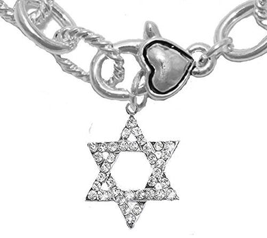 Jewish Star of David, Genuine Crystal, Sculptured Cable Chain Lobster Heart Clasp Bracelet, Safe