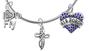 Air Force, "I Love to Fly", Genuine Crystal, Beautiful Crystal Cross, Miracle Wire Bracelet