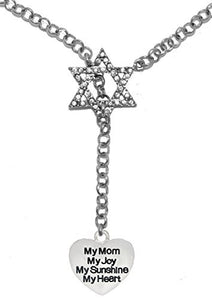 Jewish " My Mom, My Joy, My Sunshine, My Heart", On A Heart, on Crystal Star of David Necklace