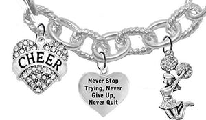 Cheer Crystal "I Love to Fly", Never Quit, Jumping Cheerleader, Cable Chain Cheerleader Bracelet