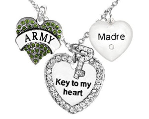 Army Madre, Genuine Crystal "Key to My Heart" & Crystal Madre Heart, Adjustable, Safe - Nickel Free