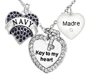Navy Madre, "Key to My Heart", "Crystal Madre" Heart Charm Necklace, Safe - Nickel & Lead Free