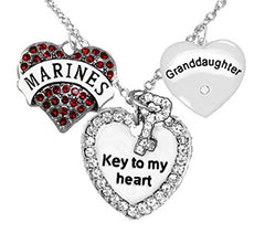 Marine Granddaughter", "Key to My Heart", "Crystal Granddaughter" Heart Charm Necklace, Safe