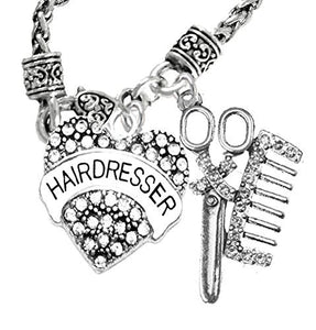 Hair Dresser Crystal Heart, Comb & Scissors Necklace, Safe - Nickel & Lead Free