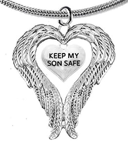 Guardian Angel, Heart (Love) Shaped Wings, "Keep My Son Safe" Crystal Necklace - Safe, Nickel Free