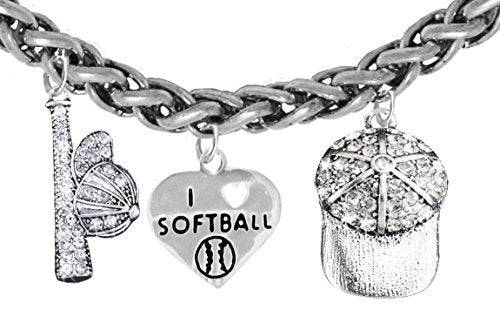 Softball Heart I Love Softball, Bat, Ball, Hat, Bracelet, Genuine Crystal, Safe - Nickel & Lead Free