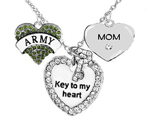Army Mom Genuine Crystal "Key to My Heart" & Mom Heart, Adjustable, Safe - Nickel & Lead Free