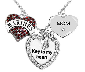 Marine "Mom", "Key to My Heart", "Crystal Mom" Heart Charm Necklace, Safe - Nickel & Lead Free