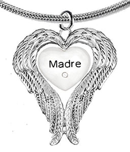Guardian Angel, Heart (Love) Shaped Wings, "Madre" Crystal Necklace, Adjustable - Safe, Nickel Free