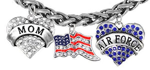 Air Force "Mom", Crystal American Flag, Air Force Charm, New, Antique Wheat Chain Bracelet - Safe