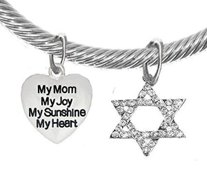 Jewish, "My Mom, My Joy, My Sunshine, My Heart, On A Heart" on Crystal Star of David Bracelet