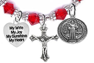 Saint Benedict Protective Charm, My Wife, My Joy, My Sunshine, Heart & Prayer Red Crystal Bracelet