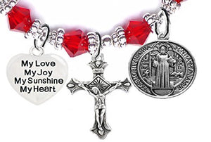 Saint Benedict Protective Charm, My Love, My Joy, My Sunshine, My Heart & Red Crystal Bracelet