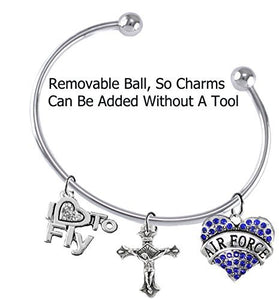 Air Force, "I Love to Fly", Genuine Crystal, Crucifix, Adjustable, Removable End Ball Bracelet