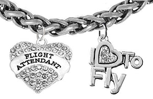 Flight Attendant, "I Love to Fly", Genuine Crystal, Wheat Chain Bracelet, Nickel & Lead Free