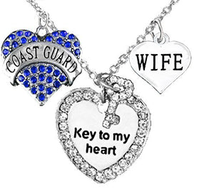 Coast Guard Wife, "Key to My Heart", "Wife" Heart Charm Necklace, Adjustable, Safe - Nickel Free