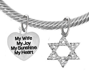 Jewish, "My Wife, My Joy, My Sunshine, My Heart, On A Heart" & Star of David on Crystal End Bracelet