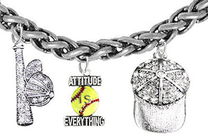 Softball, Attitude Is Everything, Bat, Ball, Hat, Bracelet, Genuine Crystal - Nickel & Lead Free
