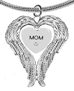 Guardian Angel, Heart (Love) Shaped Wings, "Mom" Crystal Necklace, Adjustable - Nickel & Lead Free