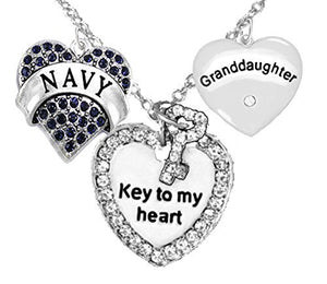 Navy Granddaughter", "Key to My Heart", "Crystal Granddaughter" Heart Charm Necklace, Safe
