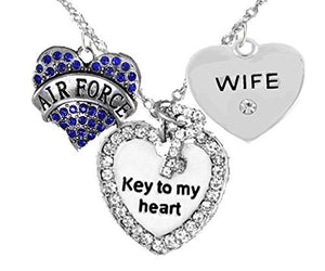 Air Force Wife, "Key to My Heart", Crystal "Wife" Heart Necklace, Safe - Nickel & Lead Free