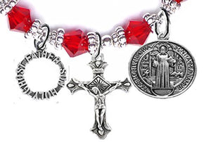 Saint Benedict Prayer, Protect Me, Crucifix, "Father, Son, Holy Ghost" Charms Red Crystal Bracelet