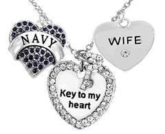 Navy Wife, "Key to My Heart", "Crystal Wife" Heart Charm Necklace, Safe - Nickel & Lead Free