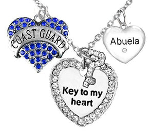 Coast Guard Abuela, "Key to My Heart", "Crystal Abuela" Heart Charm Necklace, Adjustable, Safe