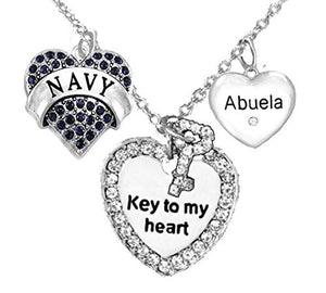 Navy Abuela, "Key to My Heart", "Crystal Abuela" Heart Charm Necklace, Safe - Nickel & Lead Free