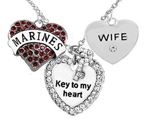 Marine Wife, "Key to My Heart", "Crystal Wife" Heart Charm Necklace, Safe - Nickel & Lead Free