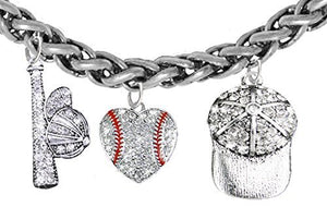 Baseball Heart, Genuine Crystal. Bat, Caps Bracelet, Hypoallergenic, Safe - Nickel & Lead, Free