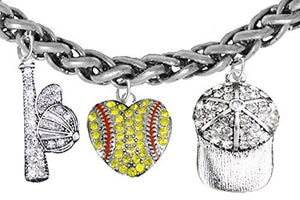 Softball, Softball Heart, Bat, Cap, Genuine Crystal Bracelet, Safe - Nickel, Lead & Cadmium Free